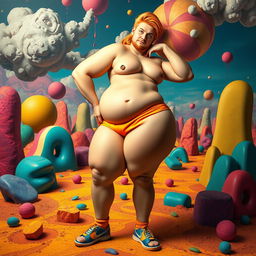 A surreal and colorful artistic portrayal of a confidently posed individual with an exaggerated body shape, featuring large hips and a highly stylized and exaggerated male anatomy