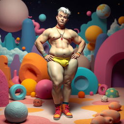 A surreal and colorful artistic portrayal of a confidently posed individual with an exaggerated body shape, featuring large hips and a highly stylized and exaggerated male anatomy