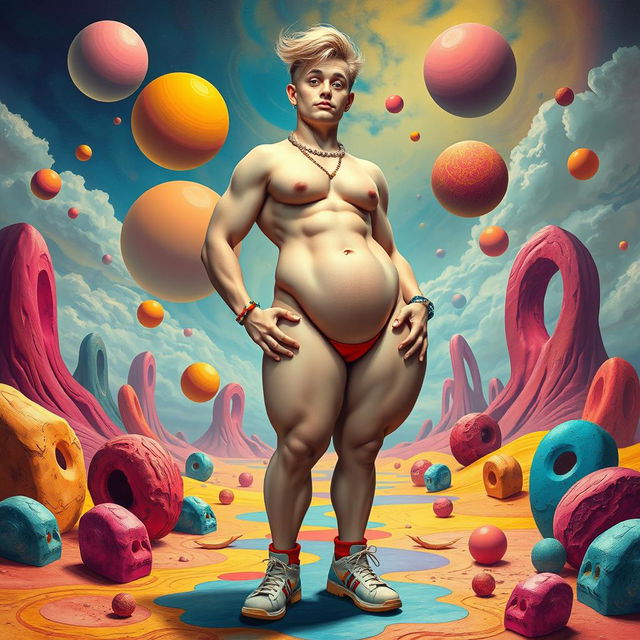 A surreal and colorful artistic portrayal of a confidently posed individual with an exaggerated body shape, featuring large hips and a highly stylized and exaggerated male anatomy