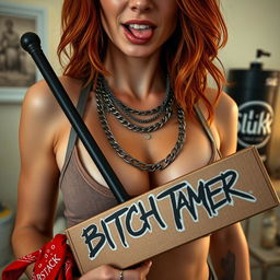 A close-up shot focusing on the chest and torso of a sexy female redhead wearing a tank top adorned with punk chains