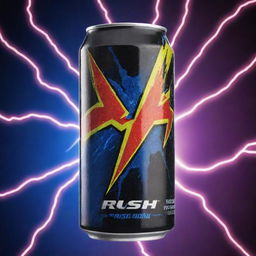 An electric, sweat-covered can of energy drink named 'RUSH'. The label features dynamic designs with electric colors. The name 'RUSH' prominently displayed, amidst a backdrop of energy lightning bolts.