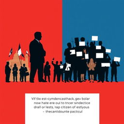 A powerful political poster featuring simplified silhouettes representing the contrast between political power and citizen decision-making