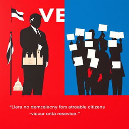 A powerful political poster featuring simplified silhouettes representing the contrast between political power and citizen decision-making