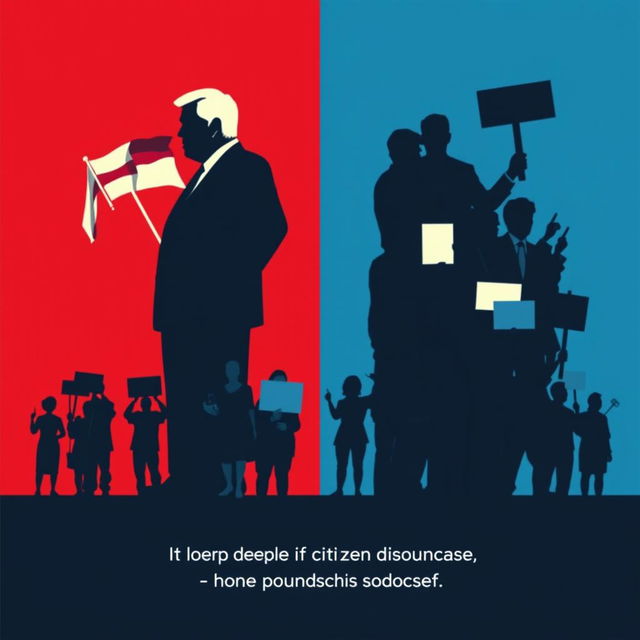 A powerful political poster featuring simplified silhouettes representing the contrast between political power and citizen decision-making