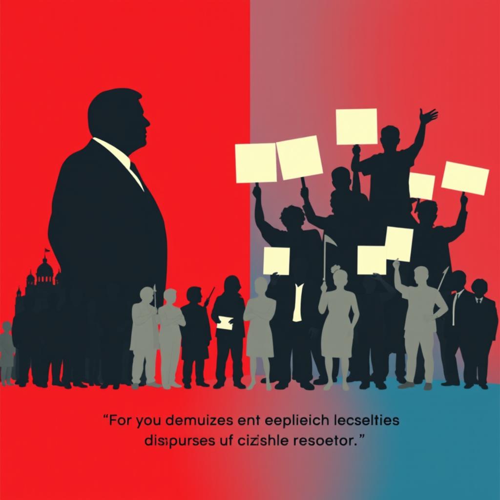 A powerful political poster featuring simplified silhouettes representing the contrast between political power and citizen decision-making