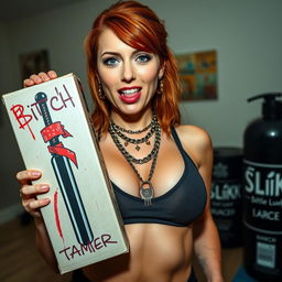 A close-up shot of a sexy female redhead with a large chest, wearing a tank top adorned with punk chains