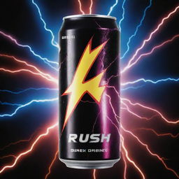 An electric, sweat-covered can of energy drink named 'RUSH'. The label features dynamic designs with electric colors. The name 'RUSH' prominently displayed, amidst a backdrop of energy lightning bolts.