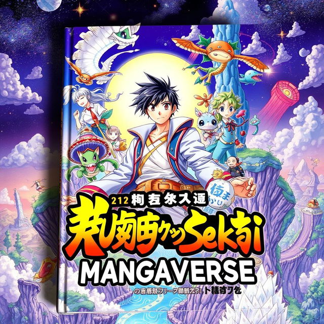 A captivating book cover for the title 'Kurosuōba no Sekai: Mangaverse', featuring vibrant colors and dynamic artwork that represents a mystical world filled with magical creatures and adventurous characters