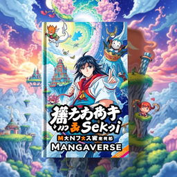 A captivating book cover for the title 'Kurosuōba no Sekai: Mangaverse', featuring vibrant colors and dynamic artwork that represents a mystical world filled with magical creatures and adventurous characters