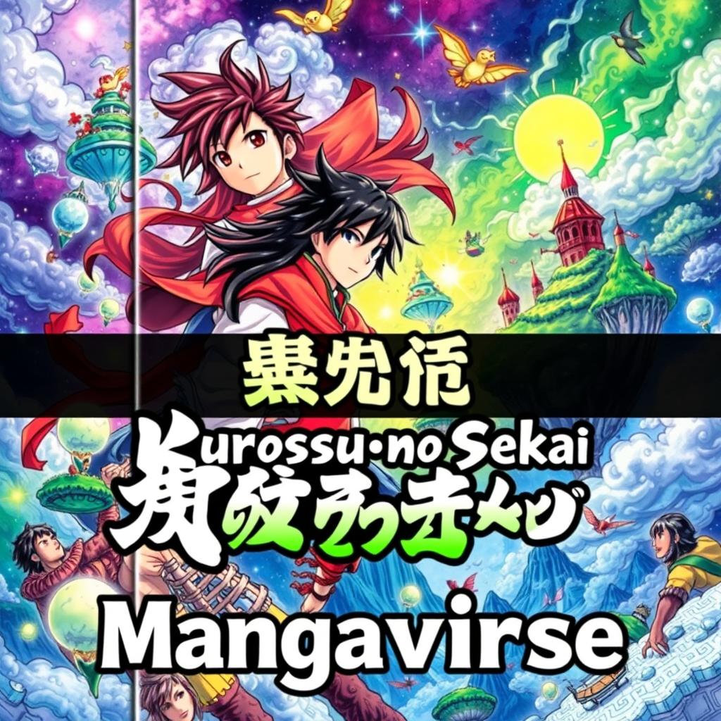 A captivating book cover for the title 'Kurosuōba no Sekai: Mangaverse', featuring vibrant colors and dynamic artwork that represents a mystical world filled with magical creatures and adventurous characters