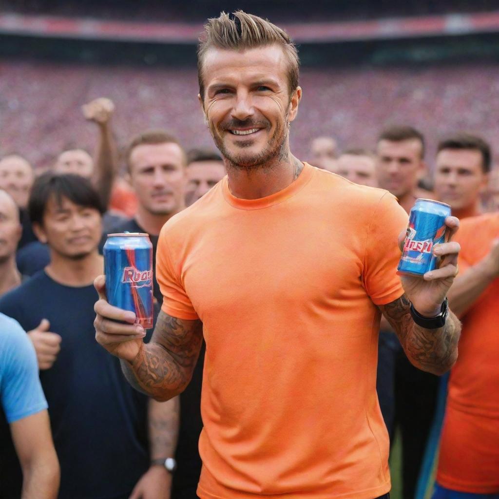 International sports icon, David Beckham, confidently holding a vibrant, sweat-covered can of energy drink named 'RUSH'. His adorning fans in the background, the energy of the scene captured in electric colors.