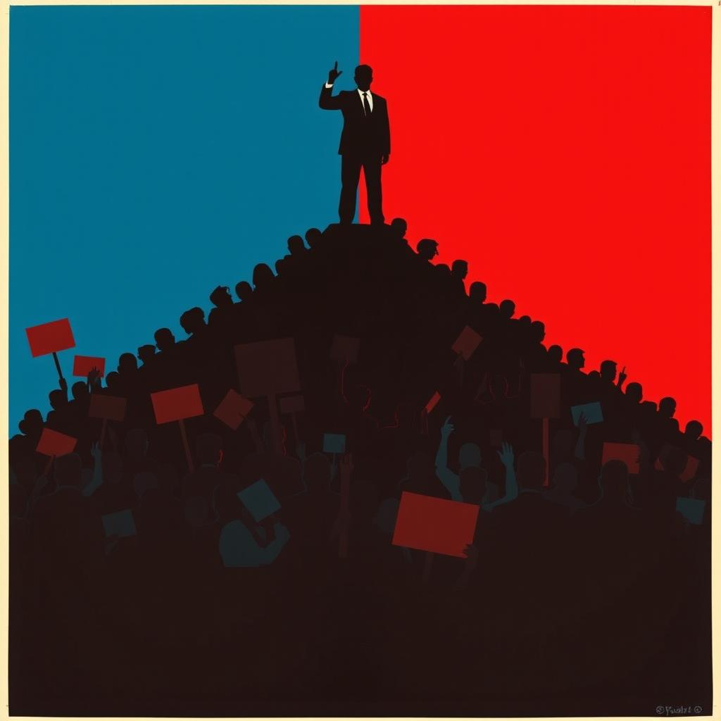 A striking poster featuring only silhouettes of people to represent a protesting crowd forming a mountain shape