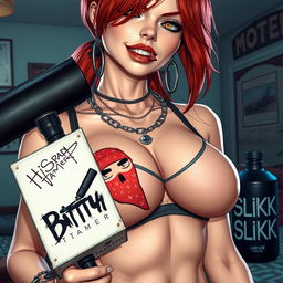 A close-up shot focusing on the chest and torso of a sexy redhead female character