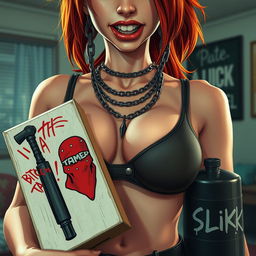 A close-up shot focusing on the chest and torso of a sexy redhead female character