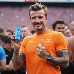 International sports icon, David Beckham, confidently holding a vibrant, sweat-covered can of energy drink named 'RUSH'. His adorning fans in the background, the energy of the scene captured in electric colors.