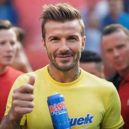 International sports icon, David Beckham, confidently holding a vibrant, sweat-covered can of energy drink named 'RUSH'. His adorning fans in the background, the energy of the scene captured in electric colors.