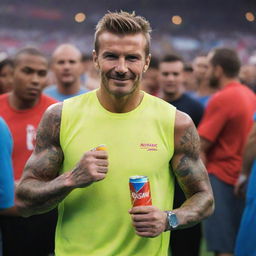 International sports icon, David Beckham, confidently holding a vibrant, sweat-covered can of energy drink named 'RUSH'. His adorning fans in the background, the energy of the scene captured in electric colors.