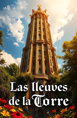 A magnificent giant tower rising into the sky, intricately designed with stunning architectural details, surrounded by lush greenery and colorful flowers