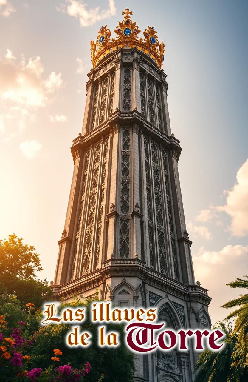 A magnificent giant tower rising into the sky, intricately designed with stunning architectural details, surrounded by lush greenery and colorful flowers