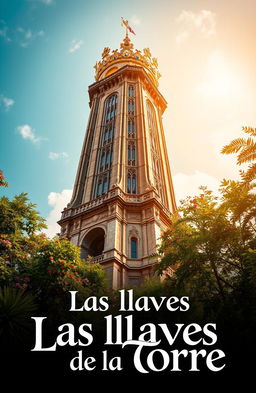 A magnificent giant tower rising into the sky, intricately designed with stunning architectural details, surrounded by lush greenery and colorful flowers