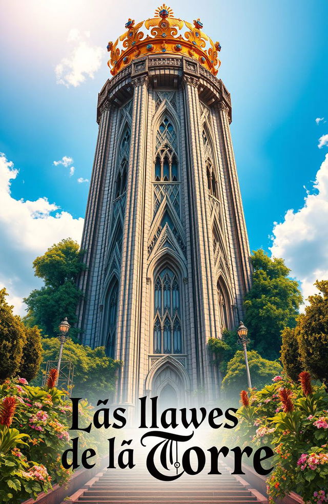 A magnificent giant tower rising into the sky, intricately designed with stunning architectural details, surrounded by lush greenery and colorful flowers