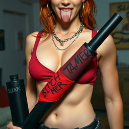A close-up torso shot of a sexy female redhead wearing a tank top, adorned with punk chains