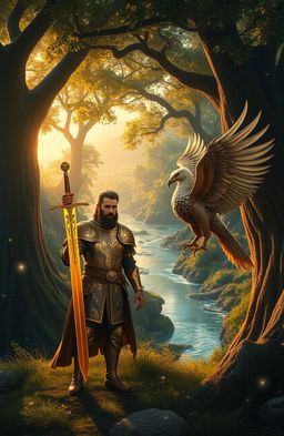 A breathtaking historical fantasy scene, set in a lush enchanted forest during the golden hour