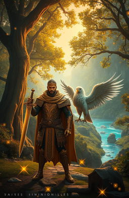 A breathtaking historical fantasy scene, set in a lush enchanted forest during the golden hour