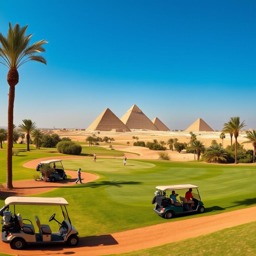 A beautiful panoramic view of a golf course set in Egypt, showcasing the lush green fairways contrasted against the desert landscape, with palm trees swaying gently in the breeze