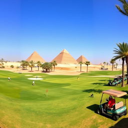 A beautiful panoramic view of a golf course set in Egypt, showcasing the lush green fairways contrasted against the desert landscape, with palm trees swaying gently in the breeze