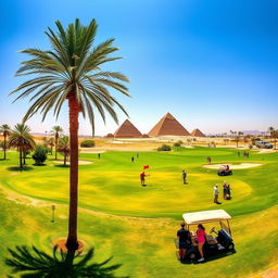 A beautiful panoramic view of a golf course set in Egypt, showcasing the lush green fairways contrasted against the desert landscape, with palm trees swaying gently in the breeze