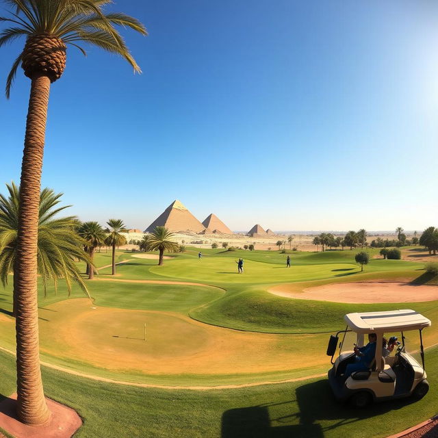 A beautiful panoramic view of a golf course set in Egypt, showcasing the lush green fairways contrasted against the desert landscape, with palm trees swaying gently in the breeze