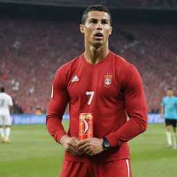 Cristiano Ronaldo, the world renowned footballer, triumphantly drinking a vibrant, sweat-covered can of 'RUSH' energy drink. The scene is filled with energy, capturing the allure of athletic prowess and vitality.