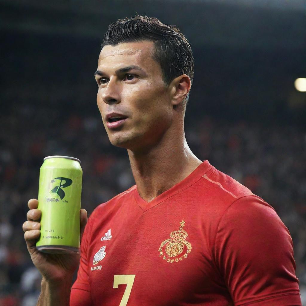 Cristiano Ronaldo, the world renowned footballer, triumphantly drinking a vibrant, sweat-covered can of 'RUSH' energy drink. The scene is filled with energy, capturing the allure of athletic prowess and vitality.