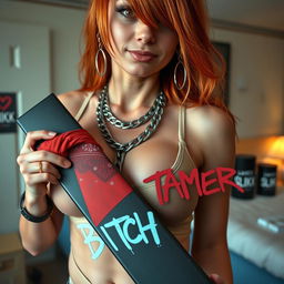 A close-up shot of a sexy female redhead with a large chest and revealing cleavage, wearing a tank top adorned with punk chains