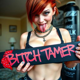 A close-up shot of a sexy female redhead with a large chest and revealing cleavage, wearing a tank top adorned with punk chains