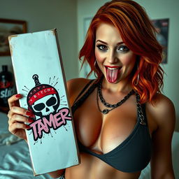 A close-up shot of a confident, sexy female redhead with large chest and visible cleavage, wearing a tank top adorned with punk chains