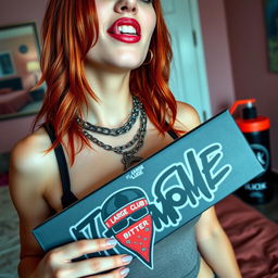 A close-up shot of a confident, sexy female redhead with large chest and visible cleavage, wearing a tank top adorned with punk chains