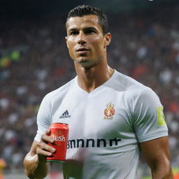 Cristiano Ronaldo, the world renowned footballer, triumphantly drinking a vibrant, sweat-covered can of 'RUSH' energy drink. The scene is filled with energy, capturing the allure of athletic prowess and vitality.