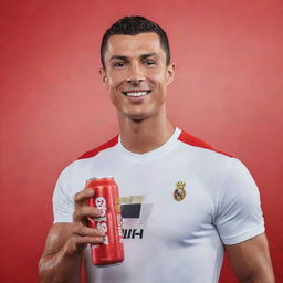 Cristiano Ronaldo, the world renowned footballer, triumphantly drinking a vibrant, sweat-covered can of 'RUSH' energy drink. The scene is filled with energy, capturing the allure of athletic prowess and vitality.