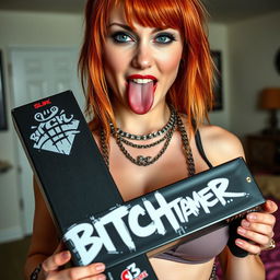 A close-up shot focusing on a sexy female redhead with a large chest, wearing a tank top adorned with punk chains