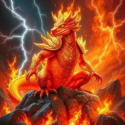 A majestic fire salamander king, adorned with intricate golden armor that glistens in the light of flames