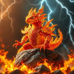 A majestic fire salamander king, adorned with intricate golden armor that glistens in the light of flames