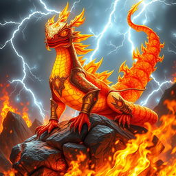 A majestic fire salamander king, adorned with intricate golden armor that glistens in the light of flames