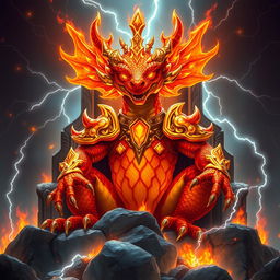 A regal fire salamander king, embellished with ornate golden armor that shimmers in the fiery glow around him