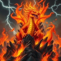A powerful firesalamander king, featuring intricately detailed scales in vibrant shades of orange and red, glowing vividly against the backdrop of swirling flames