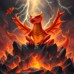 A powerful firesalamander king, featuring intricately detailed scales in vibrant shades of orange and red, glowing vividly against the backdrop of swirling flames