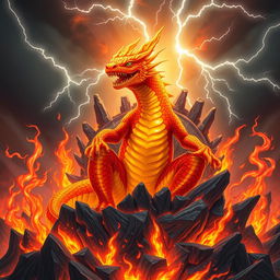 A powerful firesalamander king, featuring intricately detailed scales in vibrant shades of orange and red, glowing vividly against the backdrop of swirling flames