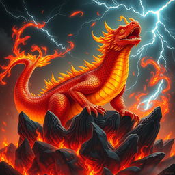 A powerful firesalamander king, featuring intricately detailed scales in vibrant shades of orange and red, glowing vividly against the backdrop of swirling flames