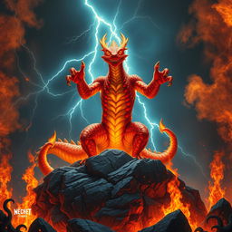 A formidable fire-salamander king, portrayed with striking orange and red skin adorned with glowing patterns